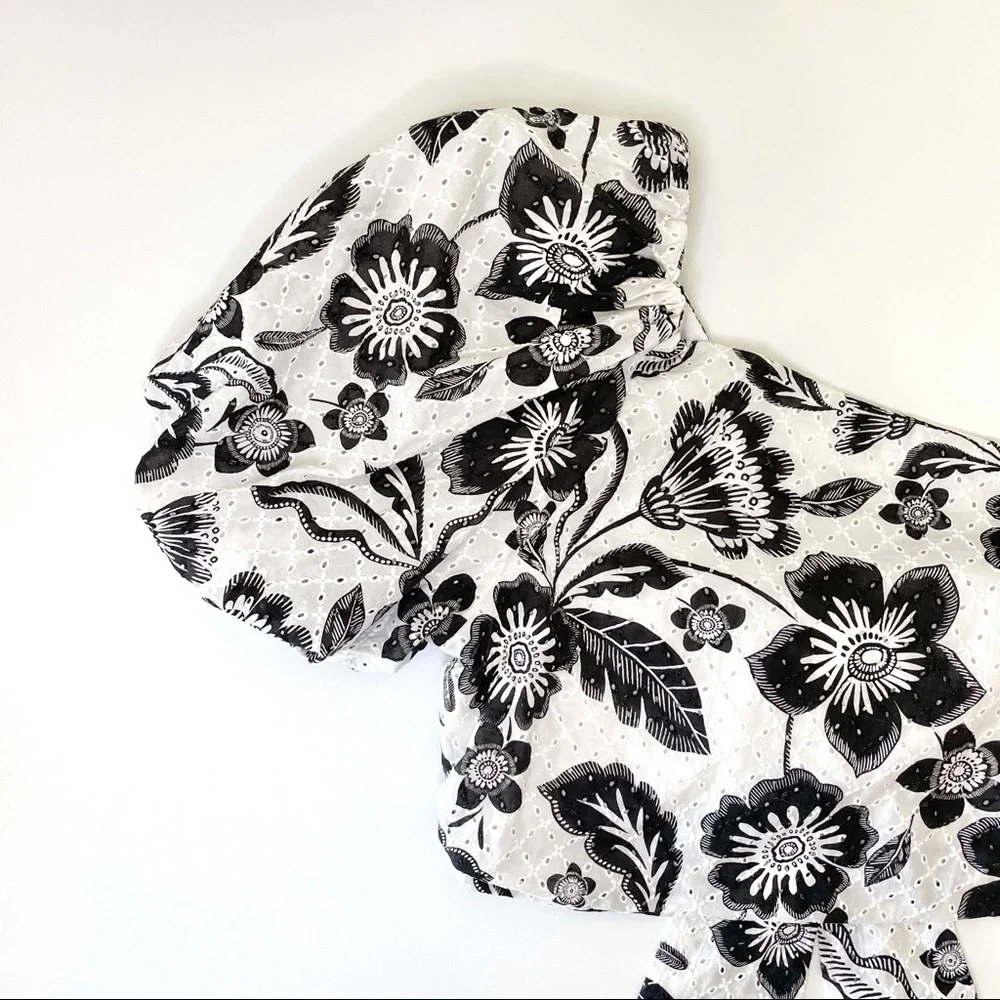 NWT Anthropologie Maeve One Shoulder Black White Floral Eyelet Bow Back Blouse